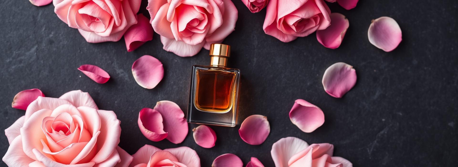 Perfume bottle with pink roses